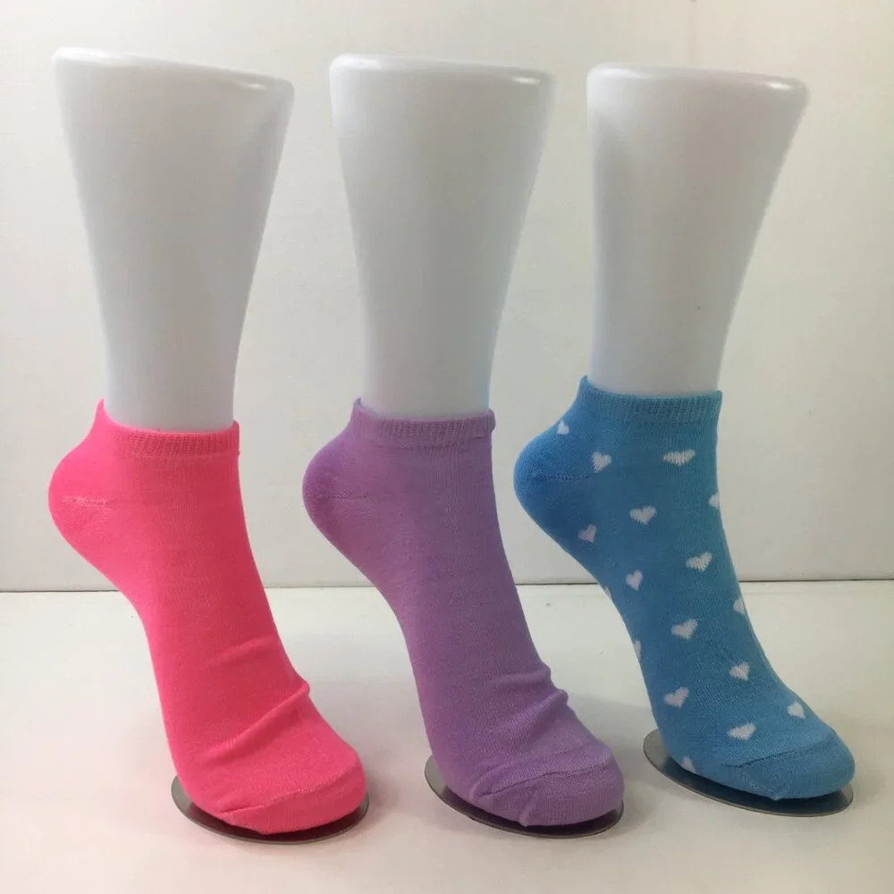 Womens Colorful Ankle Socks 3 Pack Pink Purple Blue Heart Pattern